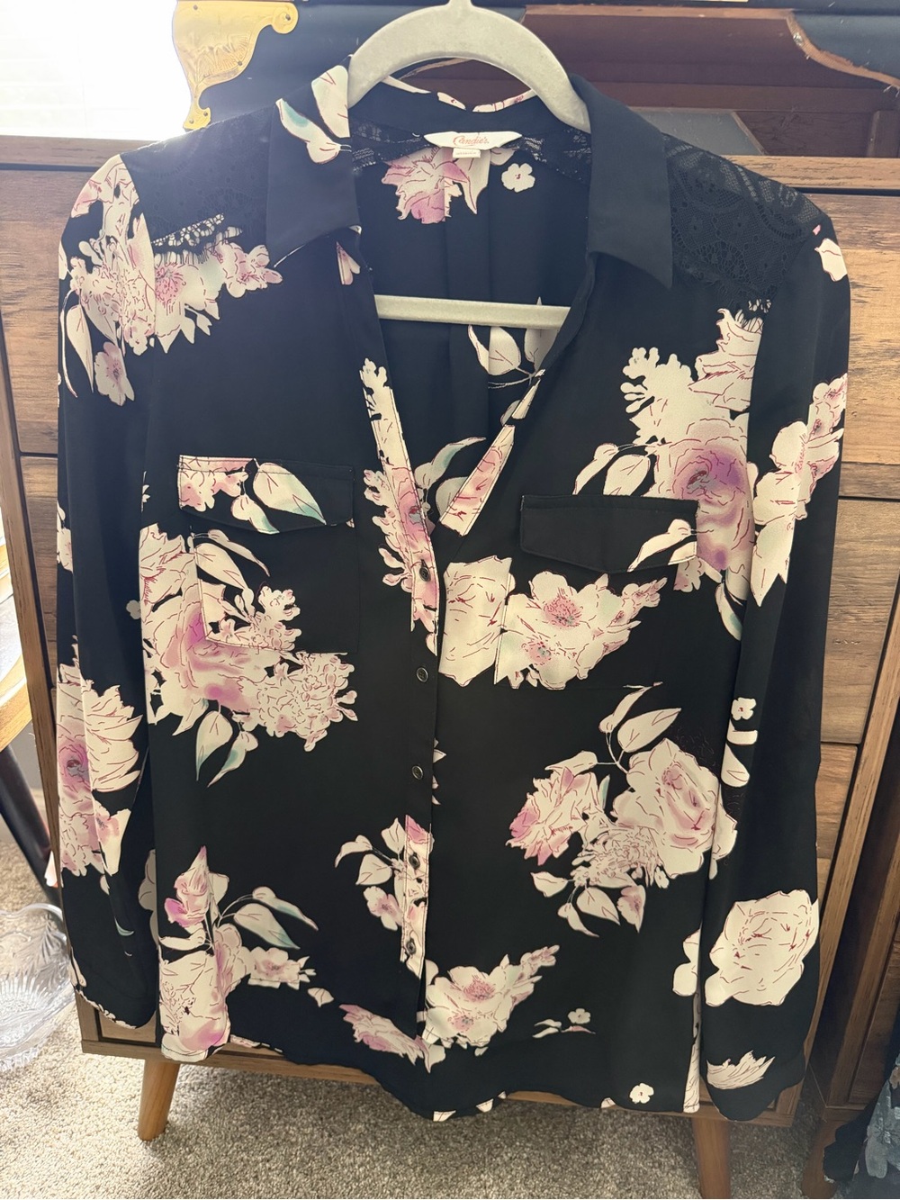 Floral Print Black Button-Up Blouse - Pink Floral